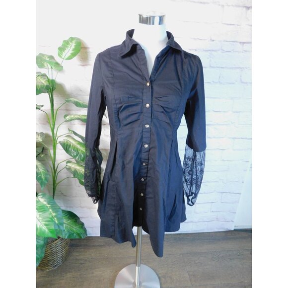 Midnight Velvet Black Button-Down Long Tunic Shirt With Lace Sleeves & Back Size - Picture 3 of 11